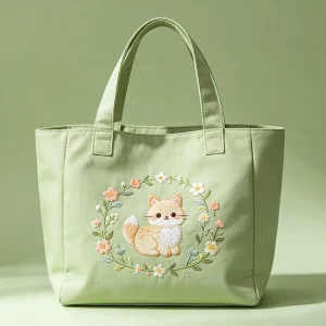 淺草綠貓咪刺繡帆布手提包，可愛春日大容量托特包